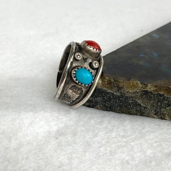 VTG Sterling Silver 925 Southwest Style Turquoise Coral 3 Stone Wide Band Ring - Picture 5 of 16